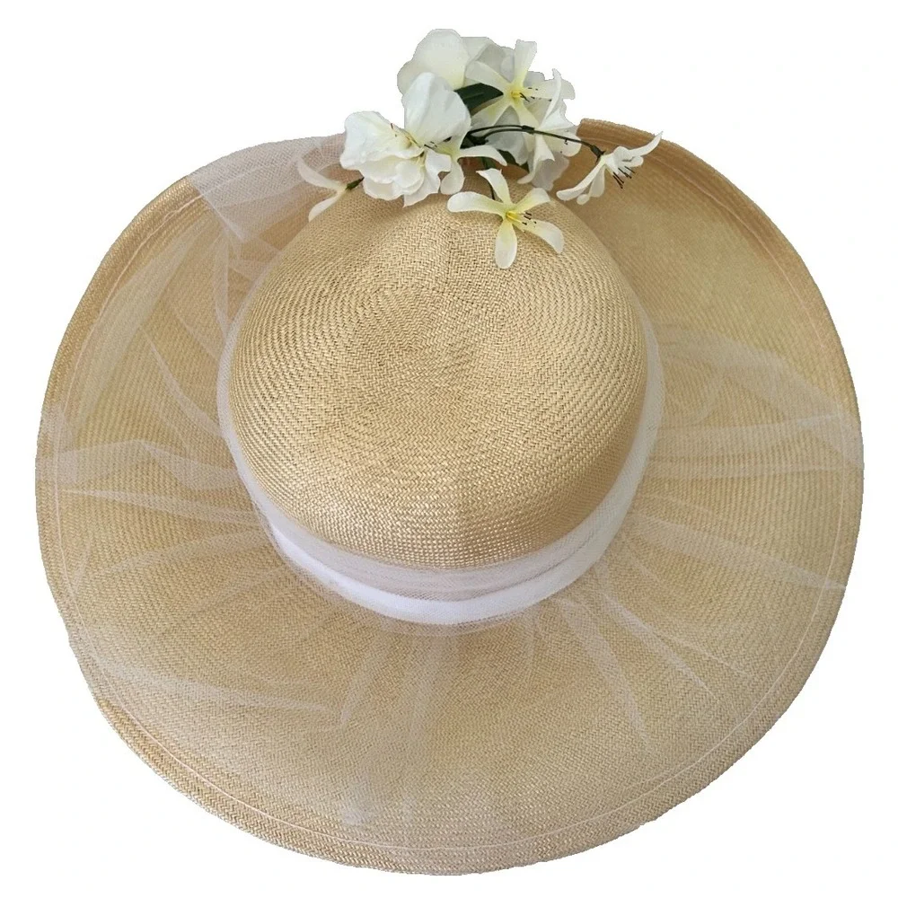 Betmar Wide Brim Straw Dress Hat Cream Veil Flowers Vintage Style Floral Box EUC Betmar Wide Brim Straw Dress Hat Cream Veil Flowers Vintage  main image 2